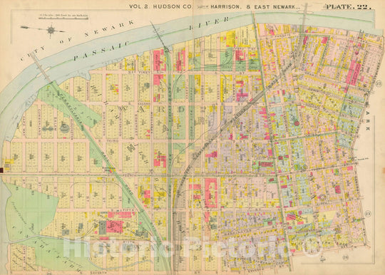 Historic Map : Atlas of Hudson County New Jersey, East Newark & Harrison 1909 Plate 022 , Vintage Wall Art