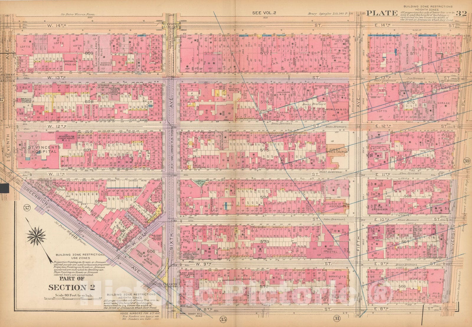 Historic Map : Atlas City of New York, Borough of Manhattan, Vol 1, Batery to 14th St 1922 - 1935 Plate 032 , Vintage Wall Art