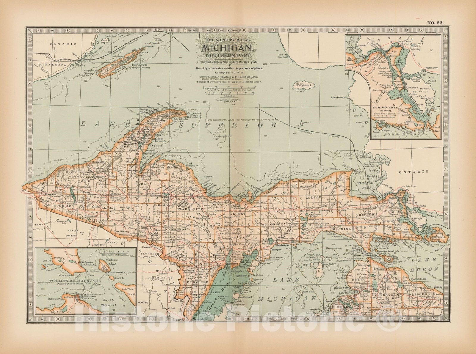 Historic Map : Michigan 1897 , The Century Atlas World , v2, Vintage Wall Art