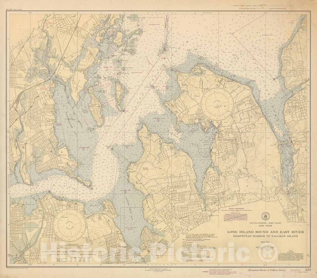 Historic Map : Coastal Charts - NY: Long Island Sound and East River 1945 , Vintage Wall Art