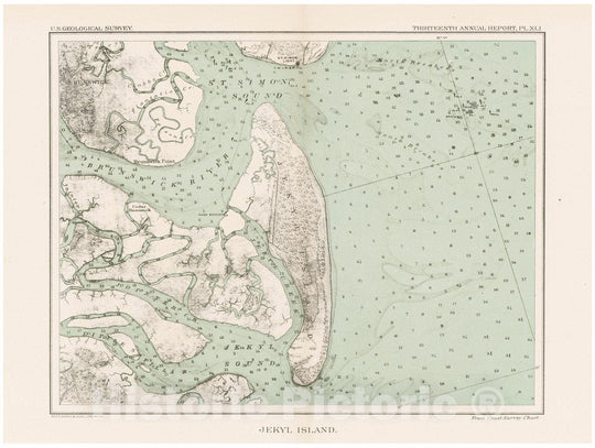 Historic Map : Jekyll Island 1893 Topographic Map , 13th Annual Report of the US Geological Survey , Vintage Wall Art