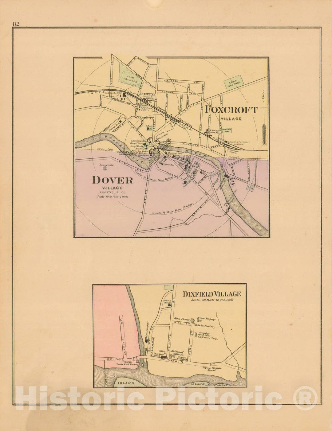 Historic Map : Atlas State of Maine, Dixfield & Dover & Foxcroft 1894-95 , Vintage Wall Art