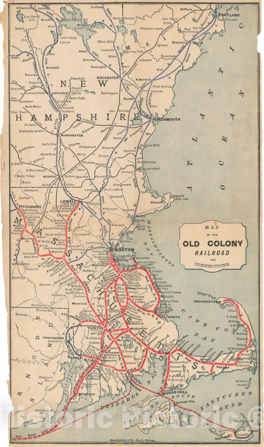 Historic Map : New Hampshire, Map of the Old Colony Railroad and Connections 1887 Transit Cartography , Vintage Wall Art