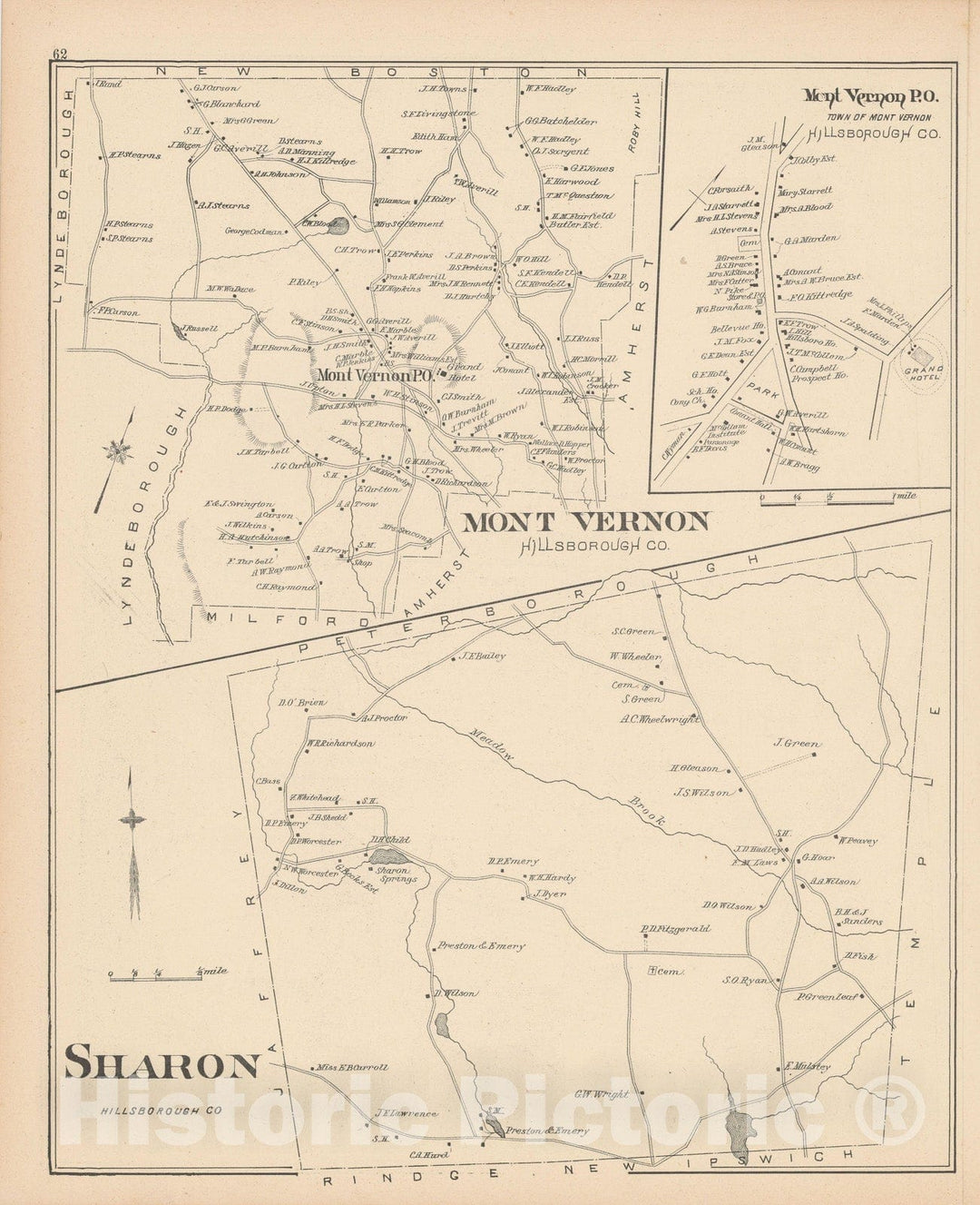 Historic Map : Mount Vernon & Sharon 1892 , Town and City Atlas State of New Hampshire , Vintage Wall Art