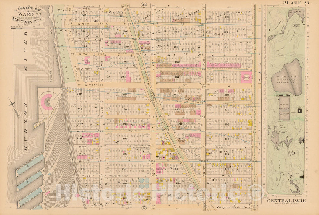 Historic Map : Manhattan & New York City 1885 Plate 023 , Robinson's Atlas City of New York , Vintage Wall Art