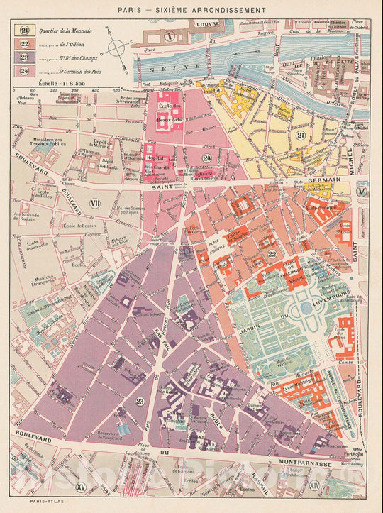 Historic Map : Europe, Paris 1900 6th Arrondissement , Vintage Wall Art