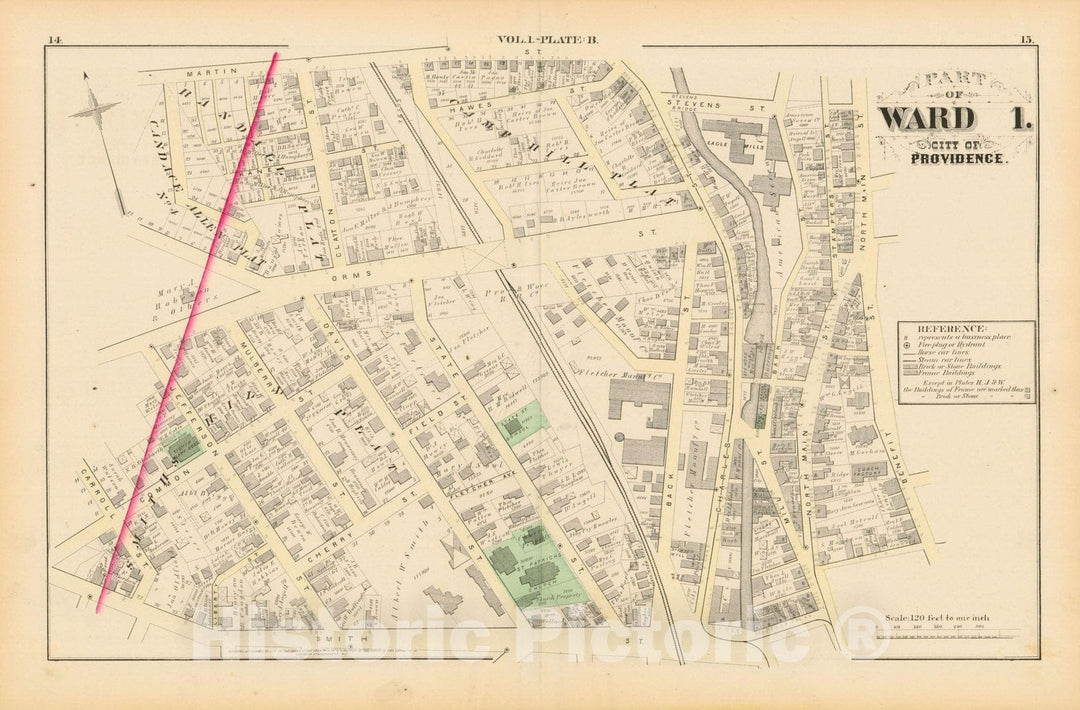 Historic Map : City Atlas of Providence Rhode Island by Wards, Volume I, Providence 1875 Plate B , Vintage Wall Art