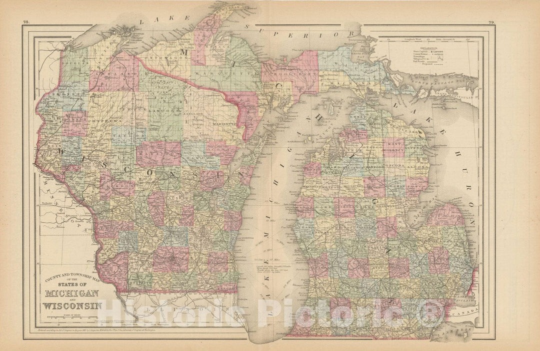 Historic Map : Michigan & Wisconsin 1882 , Mitchell's New General Atlas , Vintage Wall Art