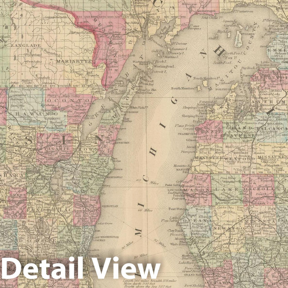 Historic Map : Michigan & Wisconsin 1882 , Mitchell's New General Atlas , Vintage Wall Art