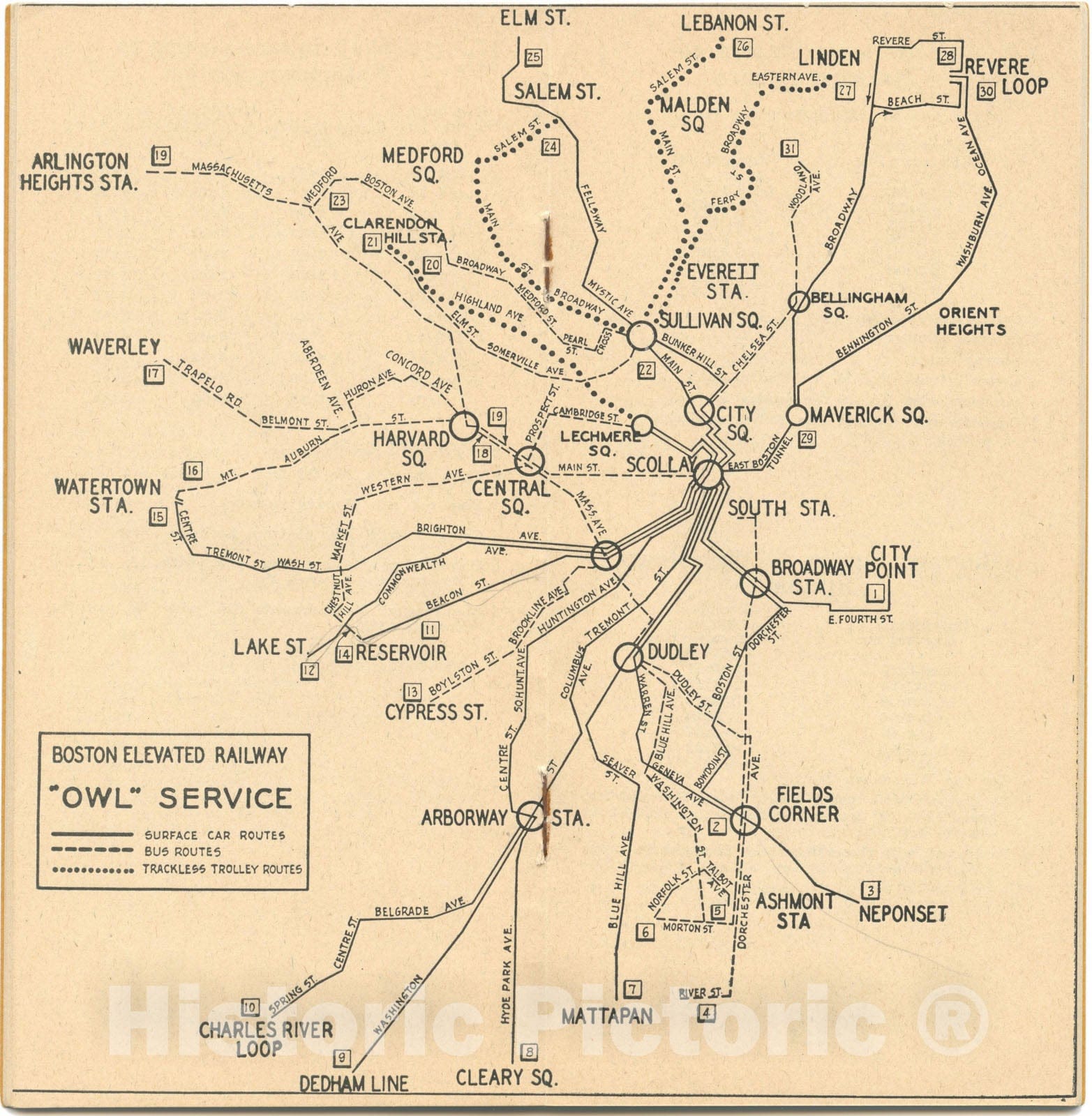 Historic Map : Greater Boston Transit Maps, Boston Elevated Railway Owl Service Map 1947 Railroad Catography , Vintage Wall Art