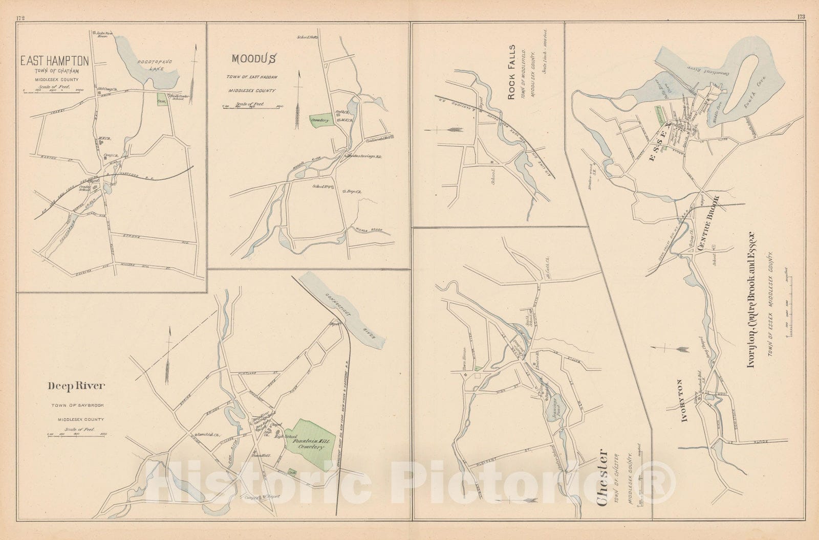 Historic Map : Chatham & Chester & East Haddam & Essex & Middlefield & Saybrook 1893 , Town and City Atlas State of Connecticut , Vintage Wall Art