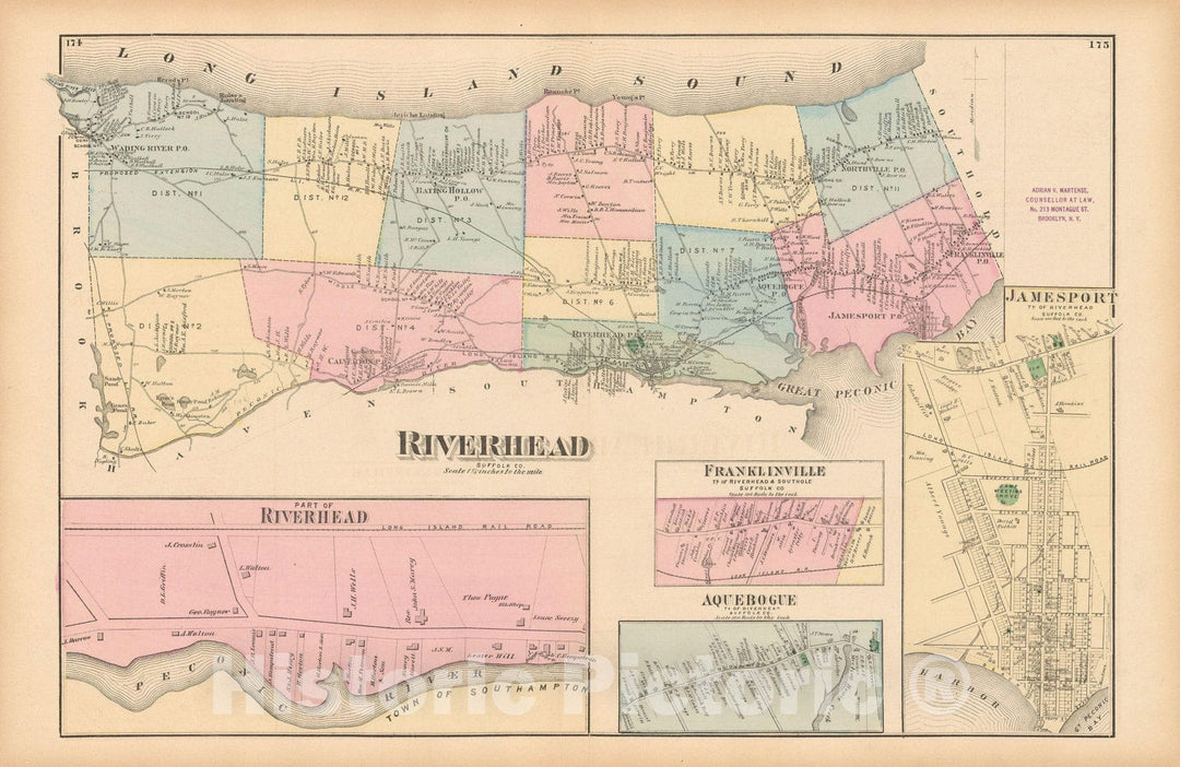 Historic Map : Atlas of Long Island, New York, Riverhead 1873 , Vintage Wall Art