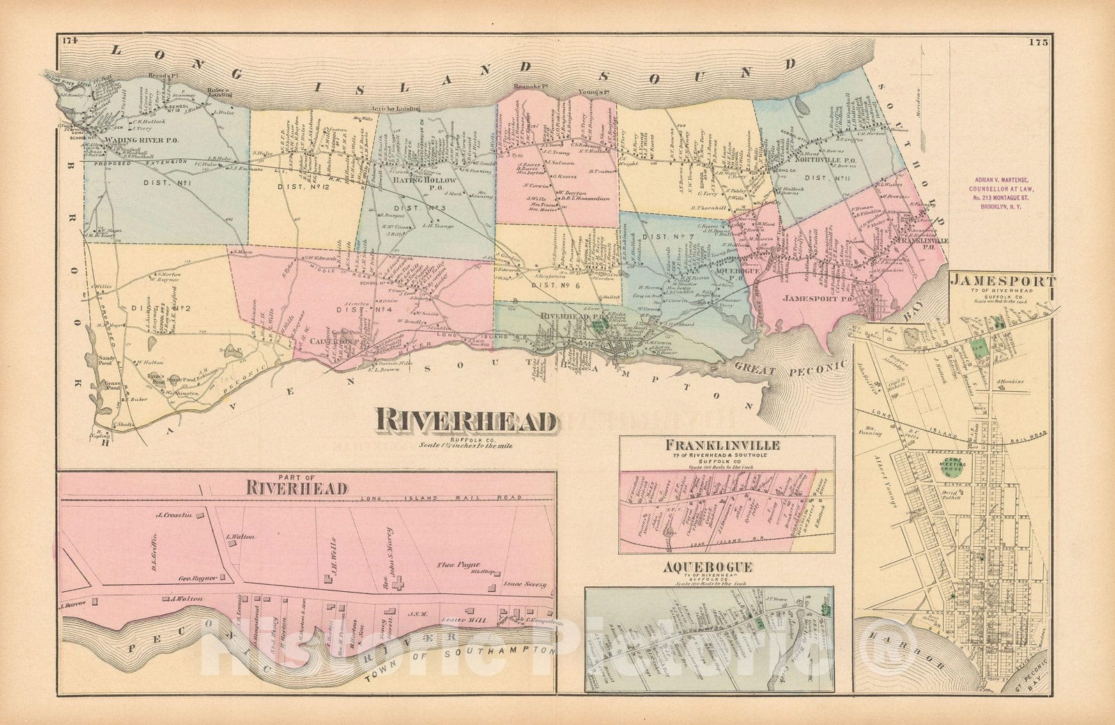 Historic Map : Atlas of Long Island, New York, Riverhead 1873 , Vintage Wall Art