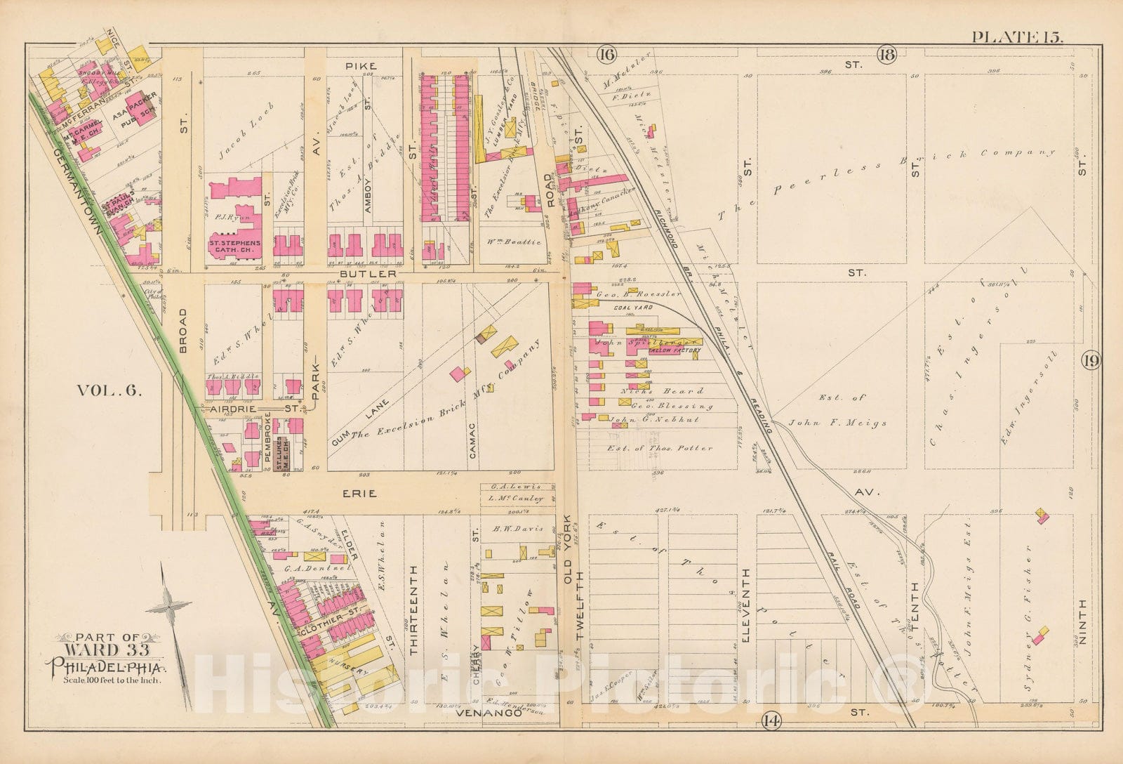 Historic Map : Atlas City of Philadelphia Volume 9 25th and 33rd Wards, Philadelphia 1891 Plate 015 , Vintage Wall Art