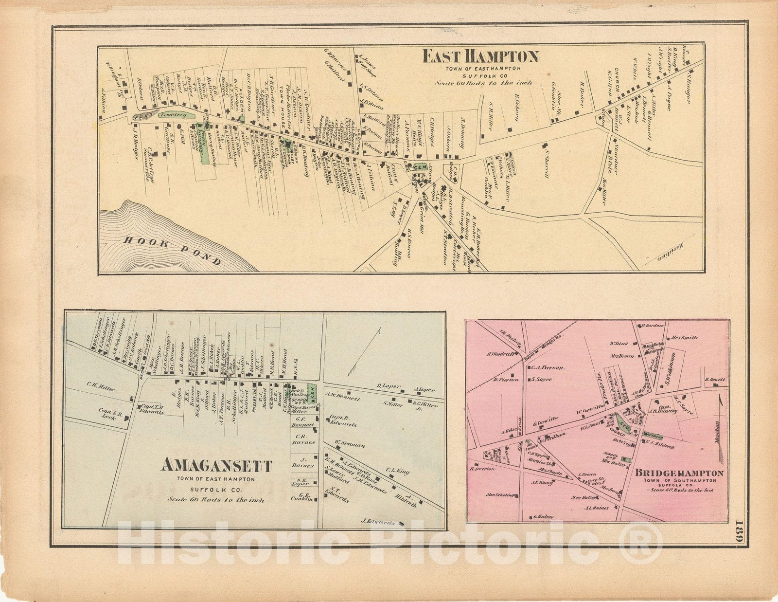 Historic Map : Atlas of Long Island, New York, East Hampton & South Hampton 1873 , Vintage Wall Art