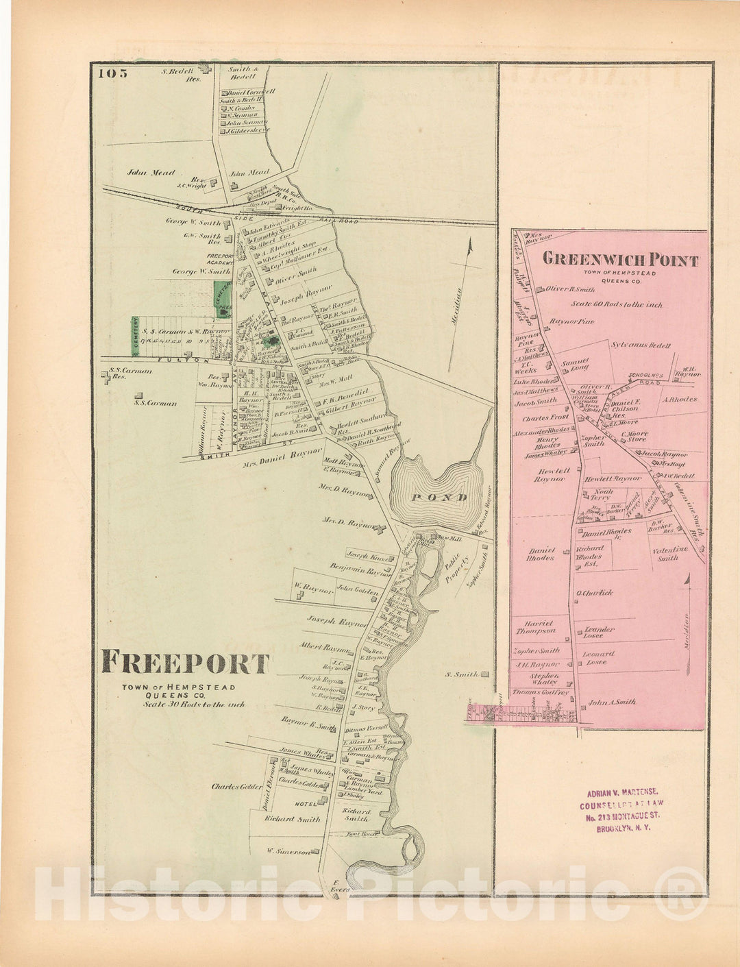 Historic Map : Atlas of Long Island, New York, Hempstead 1873 , v3, Vintage Wall Art