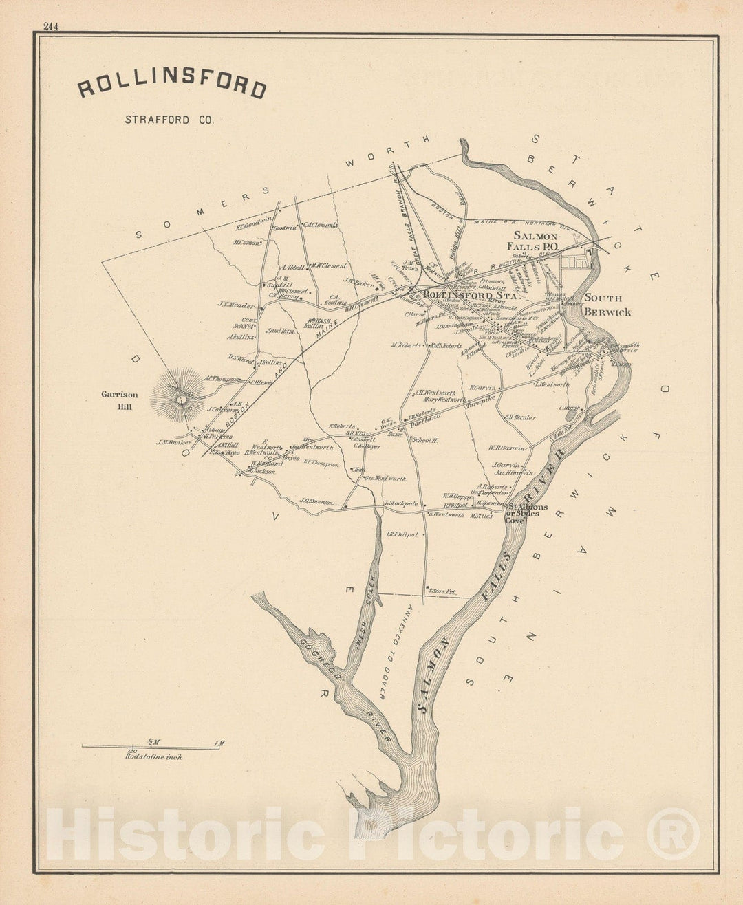 Historic Map : Rollinsford 1892 , Town and City Atlas State of New Hampshire , Vintage Wall Art