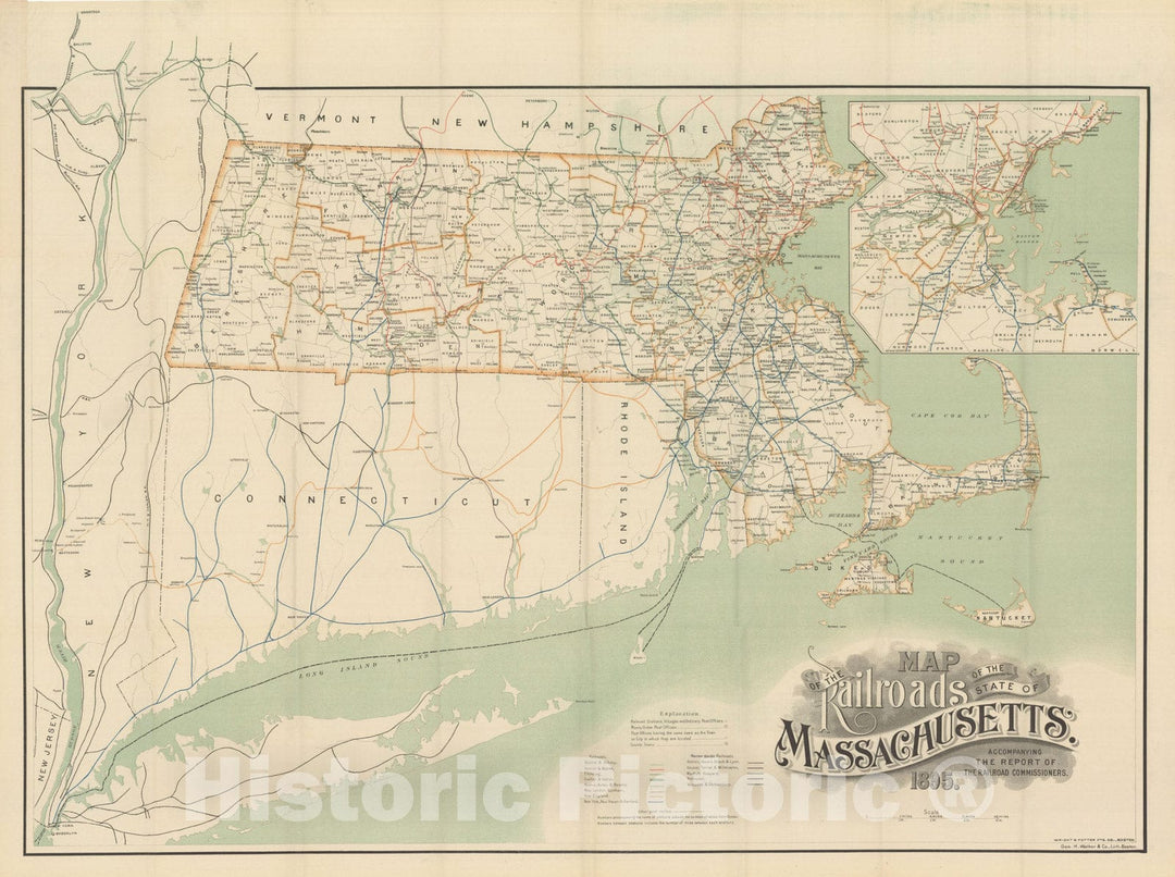 Historic Map : Massachusetts Railroad Commission Maps, Railroads of the State of Massachusetts 1895 , Vintage Wall Art