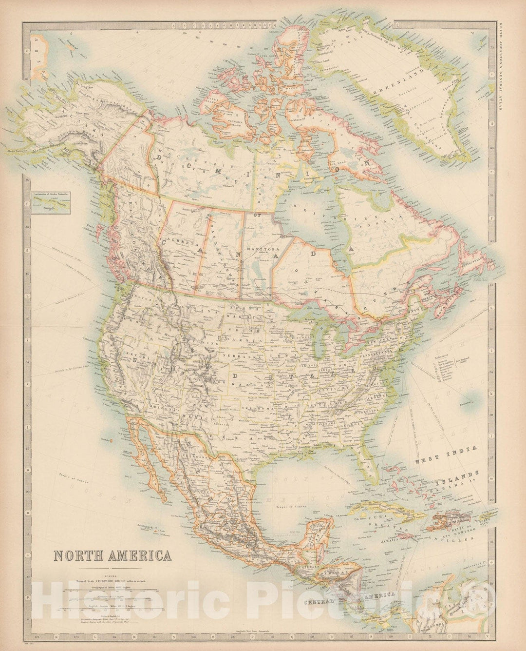 Historic Map : Atlas World, North America 1912 , Vintage Wall Art