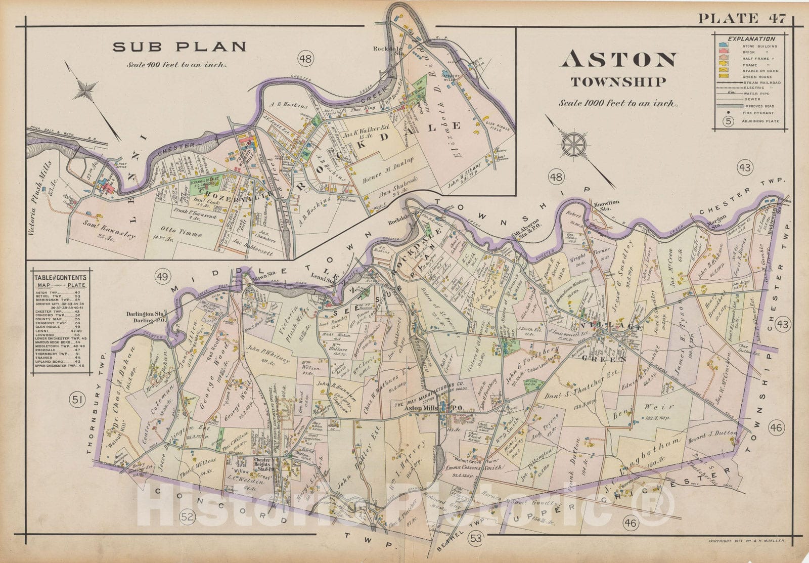 Historic Map : Atlas of Delaware County, West of Ridley Creek, Vol. Two, Aston 1913 Plate 047 , Vintage Wall Art