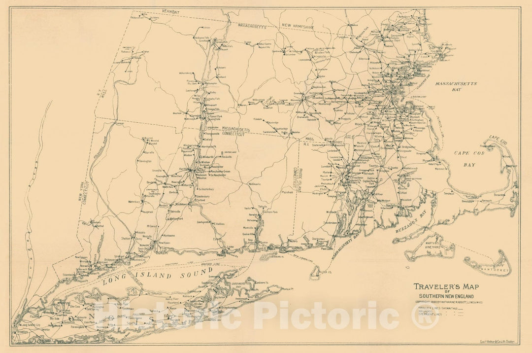 Historic Map : Traveler's Map of Southern New England 1899 Transit Cartography , Vintage Wall Art