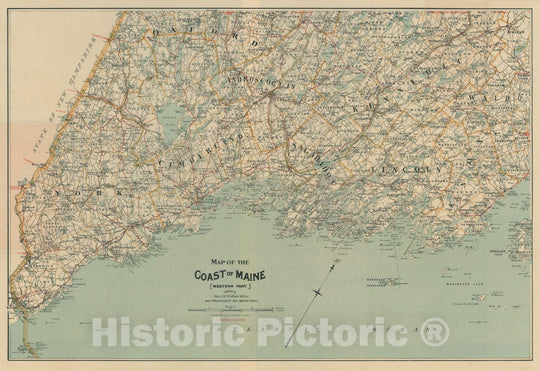 Historic Map : Cumberland County, Map of the Coast of Maine 1893 Charles River Dam Report , Vintage Wall Art