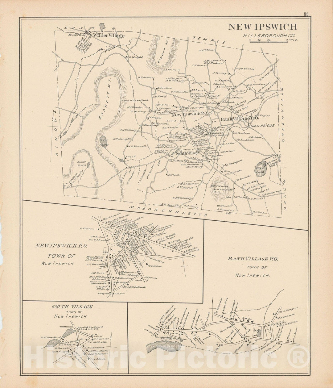 Historic Map : New Ipswich 1892 , Town and City Atlas State of New Hampshire , Vintage Wall Art