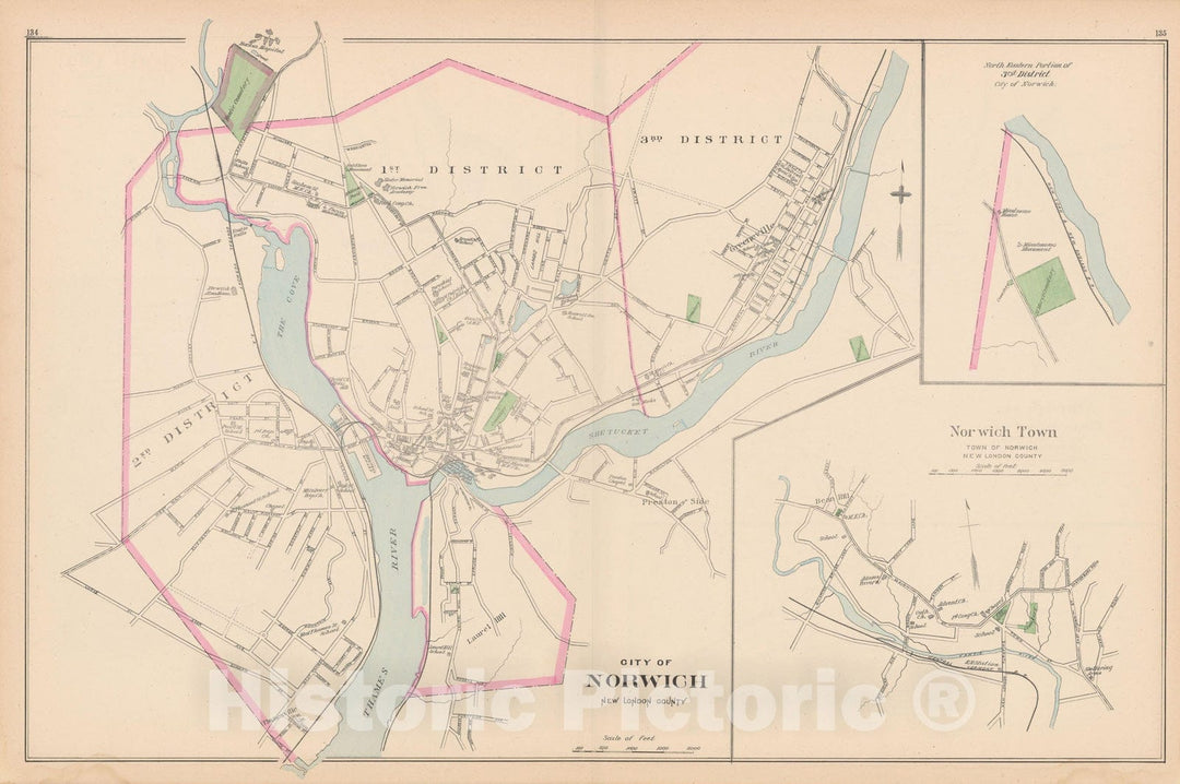 Historic Map : Norwich 1893 , Town and City Atlas State of Connecticut , Vintage Wall Art