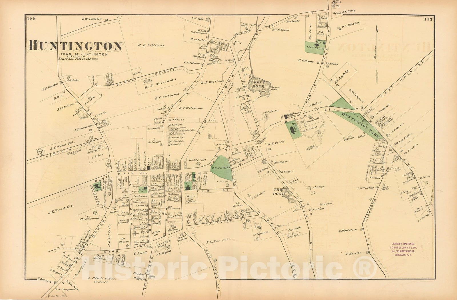 Historic Map : Atlas of Long Island, New York, Huntington 1873 , Vintage Wall Art