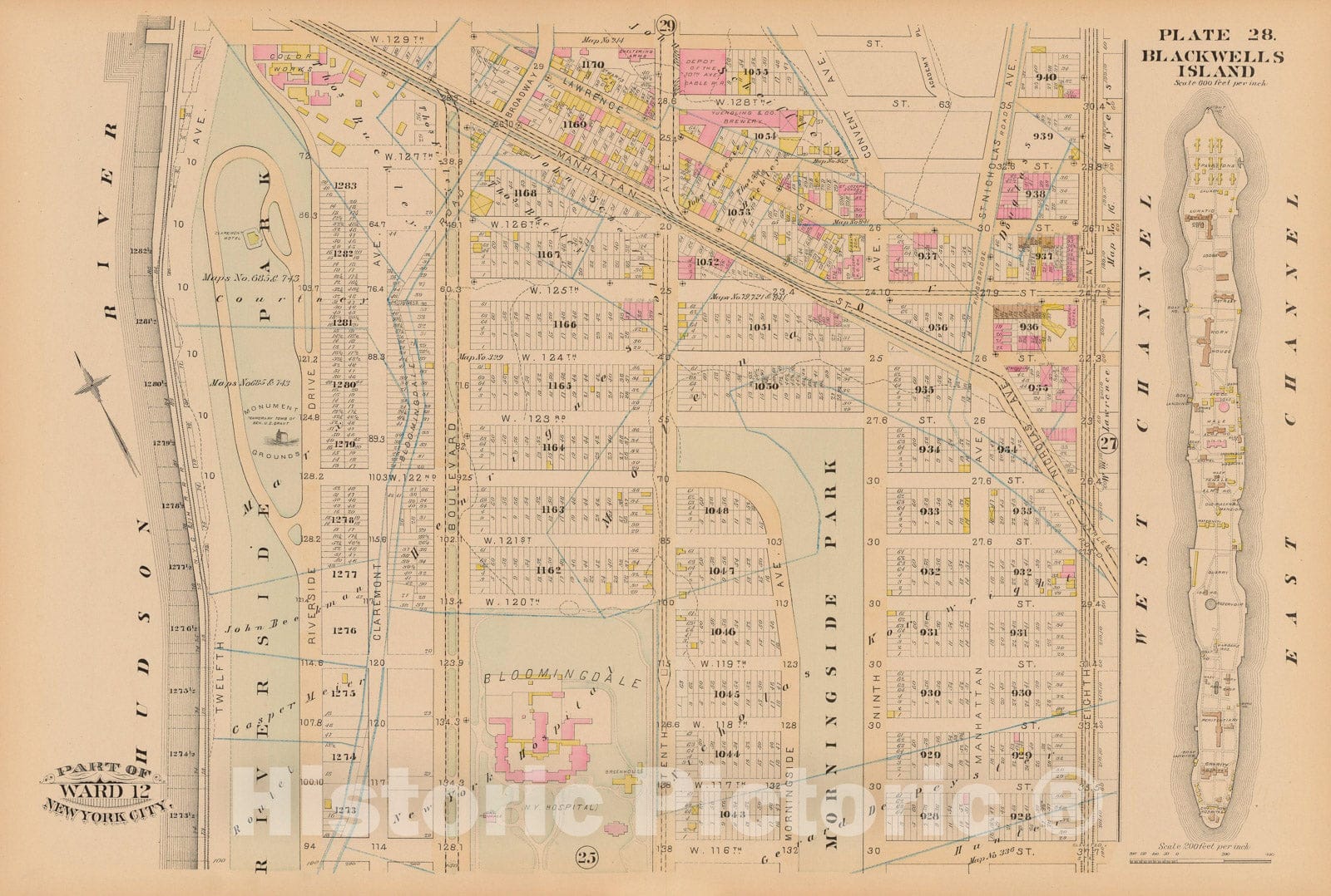 Historic Map : Manhattan & New York City 1885 Plate 028 , Robinson's Atlas City of New York , Vintage Wall Art