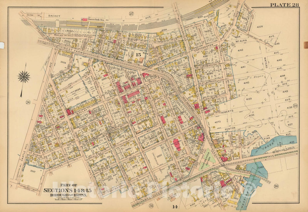 Historic Map : Atlas City of NY, Borough of The Bronx, Annexed District, The Bronx 1913 Plate 028 , Vintage Wall Art