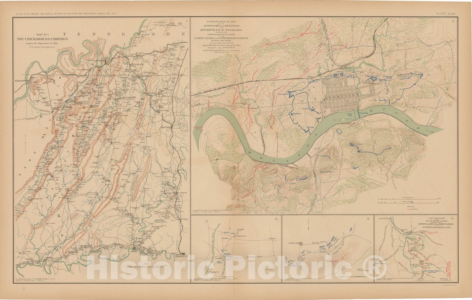 Historic Map : Civil War Atlas of the Union and Confederate Armies, Battles in GA & TN 1895 , Vintage Wall Art