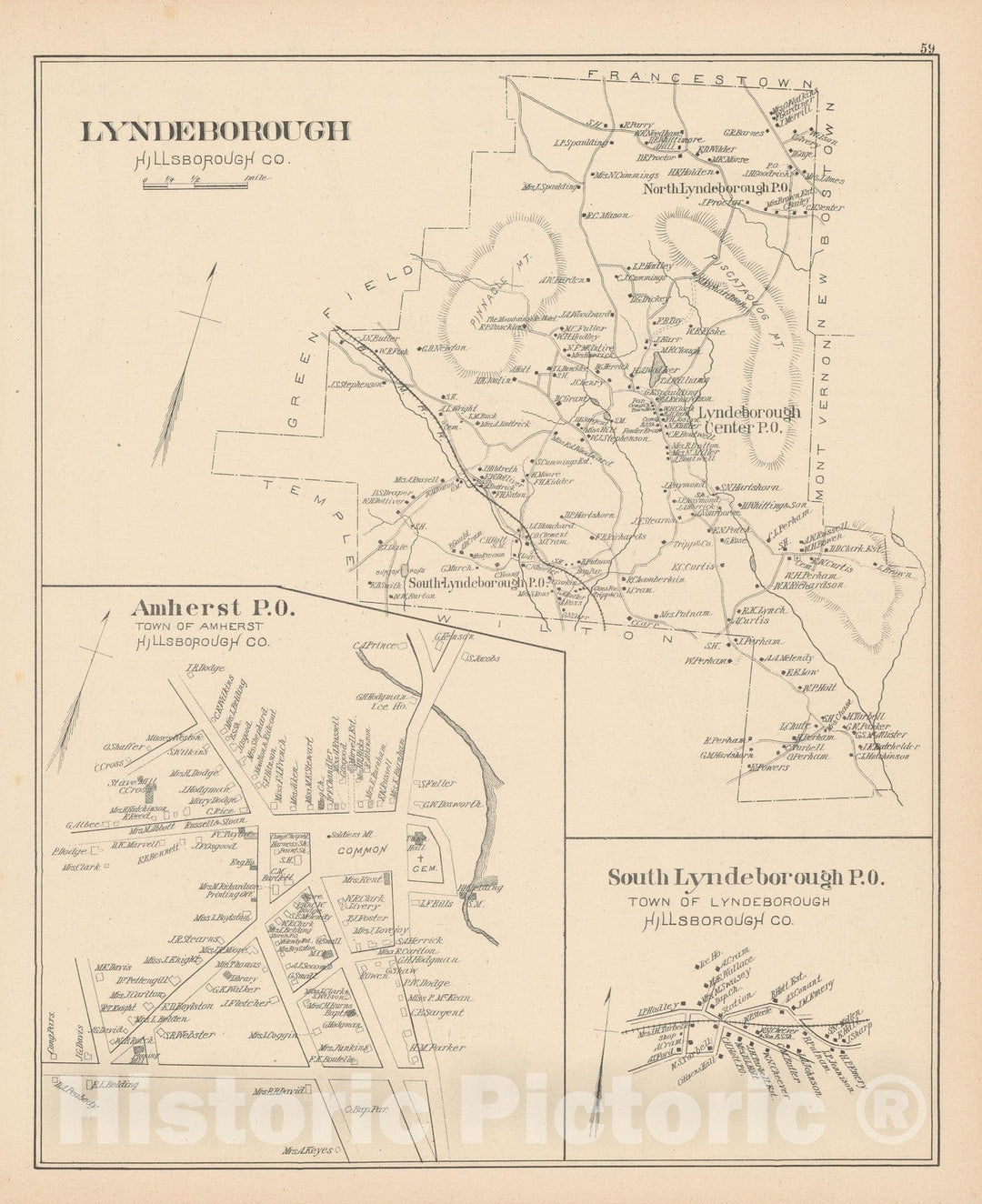 Historic Map : Amherst & Lyndeborough 1892 , Town and City Atlas State of New Hampshire , Vintage Wall Art