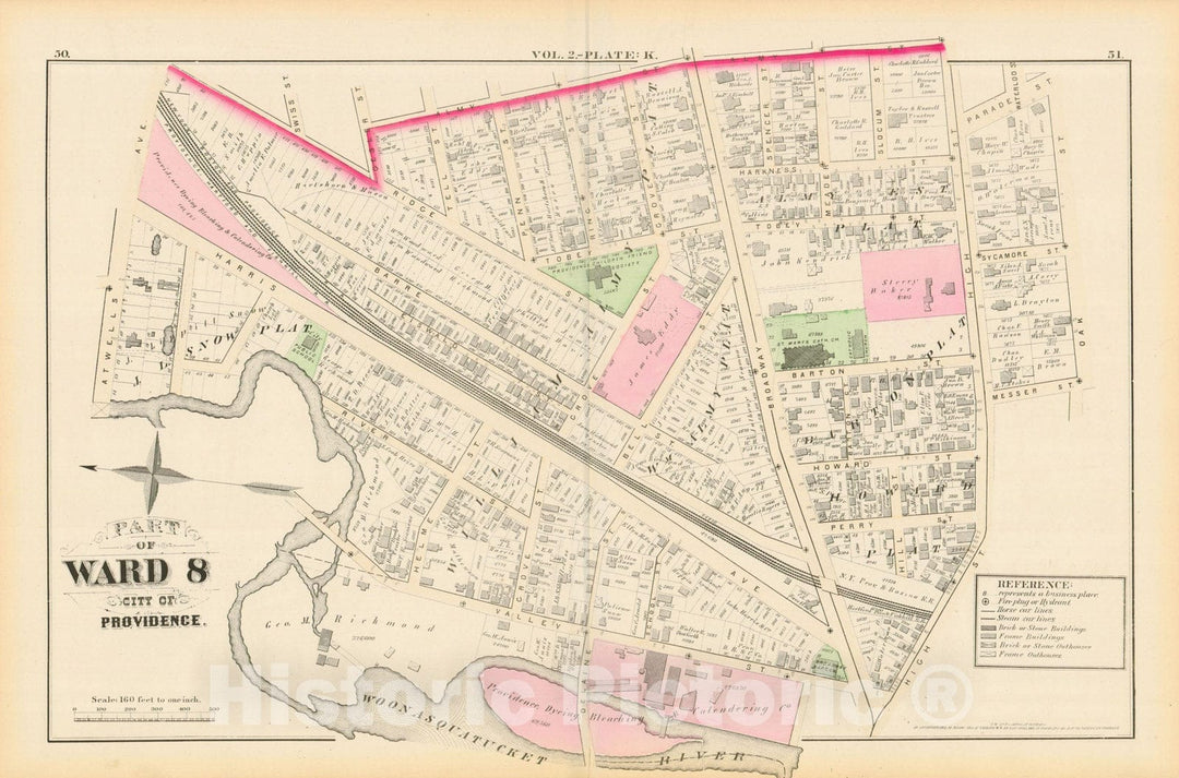 Historic Map : City Atlas of Providence Rhode Island by Wards, Volume II, Providence 1875 Plate K , Vintage Wall Art