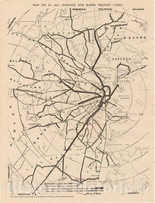 Historic Map : Boston Elevated Railway Co. Informational Maps, Map 11: All Surface and Rapid Transit Lines 1910 Railroad Catography , Vintage Wall Art