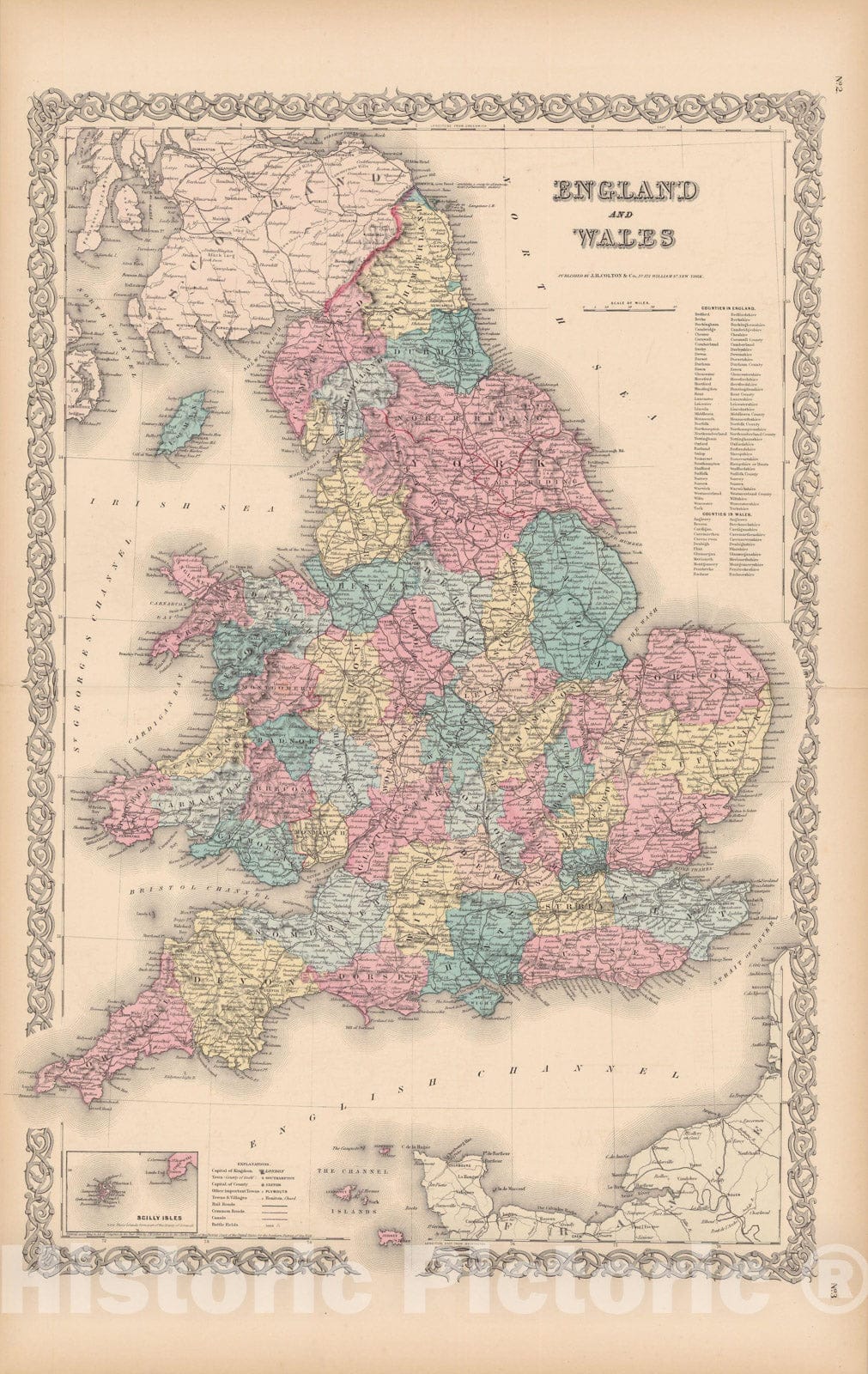 Historic Map : England & Wales 1856 , Colton's Atlas World , Vintage Wall Art