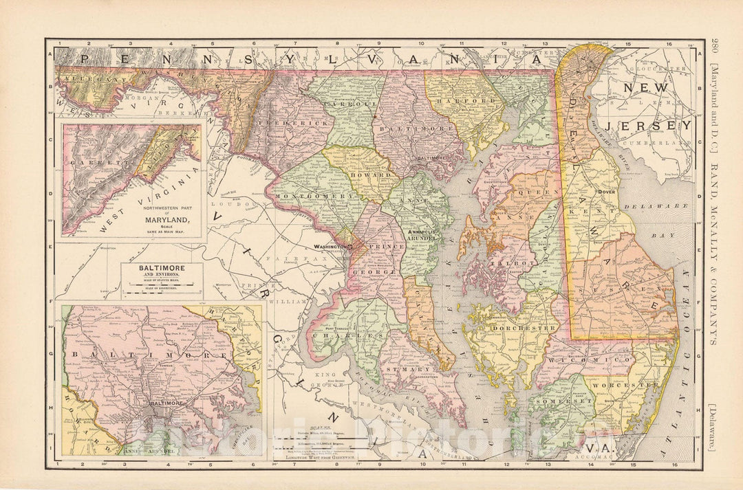 Historic Map : Delaware & Maryland 1891 , Rand McNally's Atlas World , Vintage Wall Art