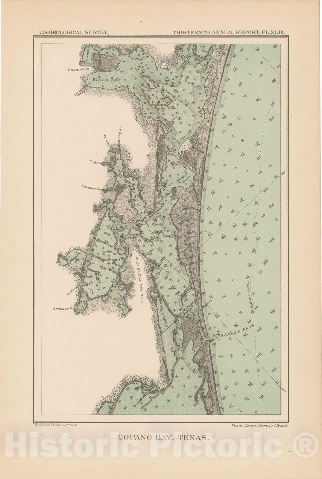 Historic Map : Copano Bay 1893 Topographic Map , 13th Annual Report of the US Geological Survey , Vintage Wall Art