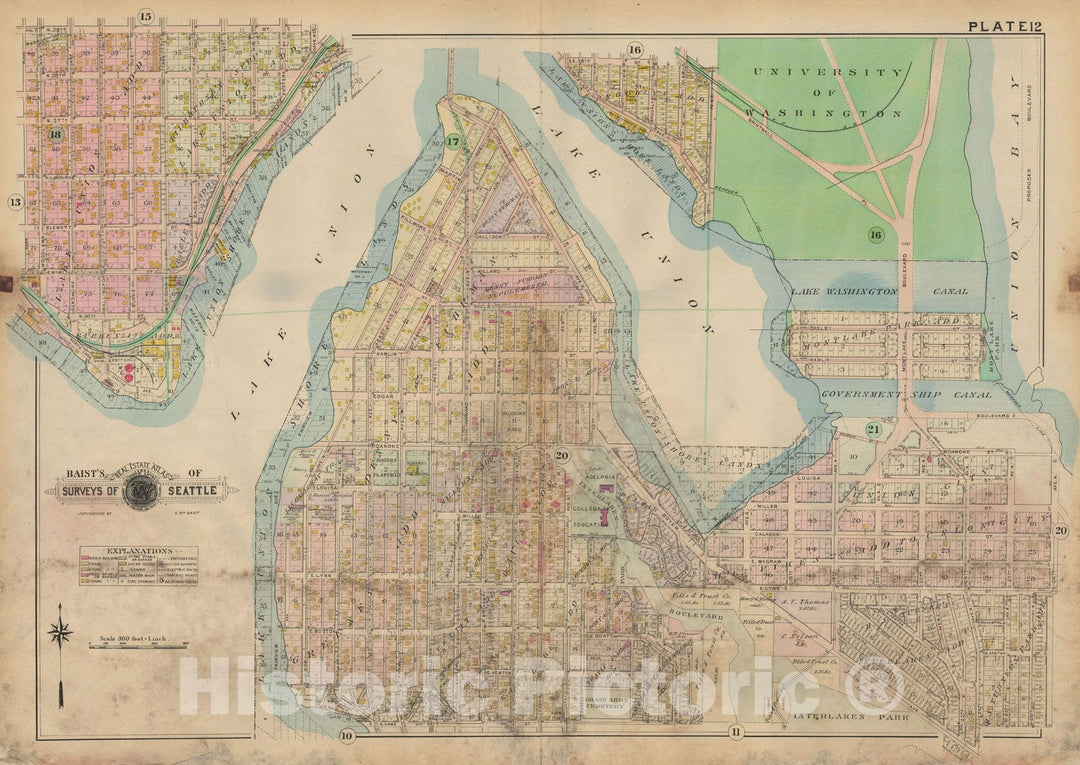 Historic Map : Real Estate Atlas of Surveys of Seattle, Seattle 1912 Plate 012 , Vintage Wall Art