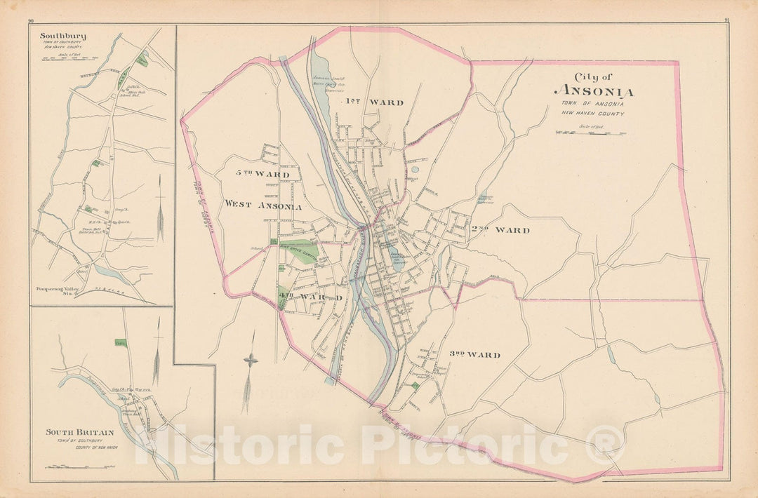 Historic Map : Ansonia & Southbury 1893 , Town and City Atlas State of Connecticut , Vintage Wall Art