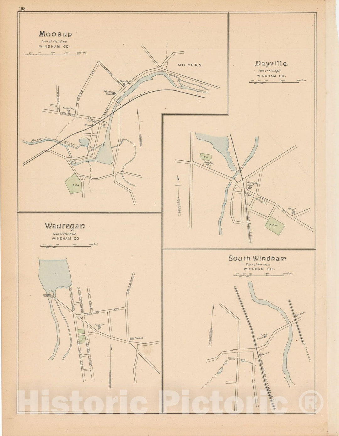 Historic Map : Killingly & Plainfield & Windham 1893 , Town and City Atlas State of Connecticut , Vintage Wall Art