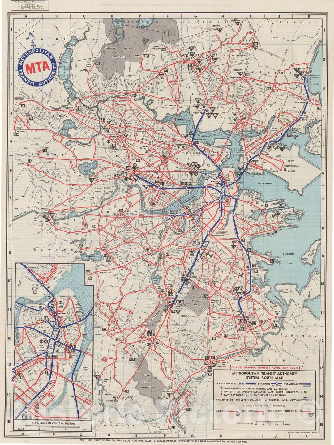 Historic Map : Greater Boston Transit Maps, Boston MTA System Route Map 1956 Railroad Catography , Vintage Wall Art