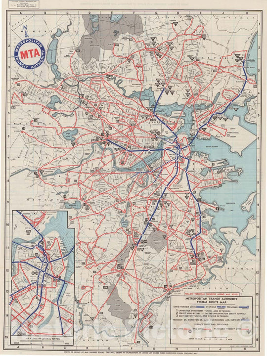 Historic Map : Greater Boston Transit Maps, Boston MTA System Route Map 1956 Railroad Catography , Vintage Wall Art