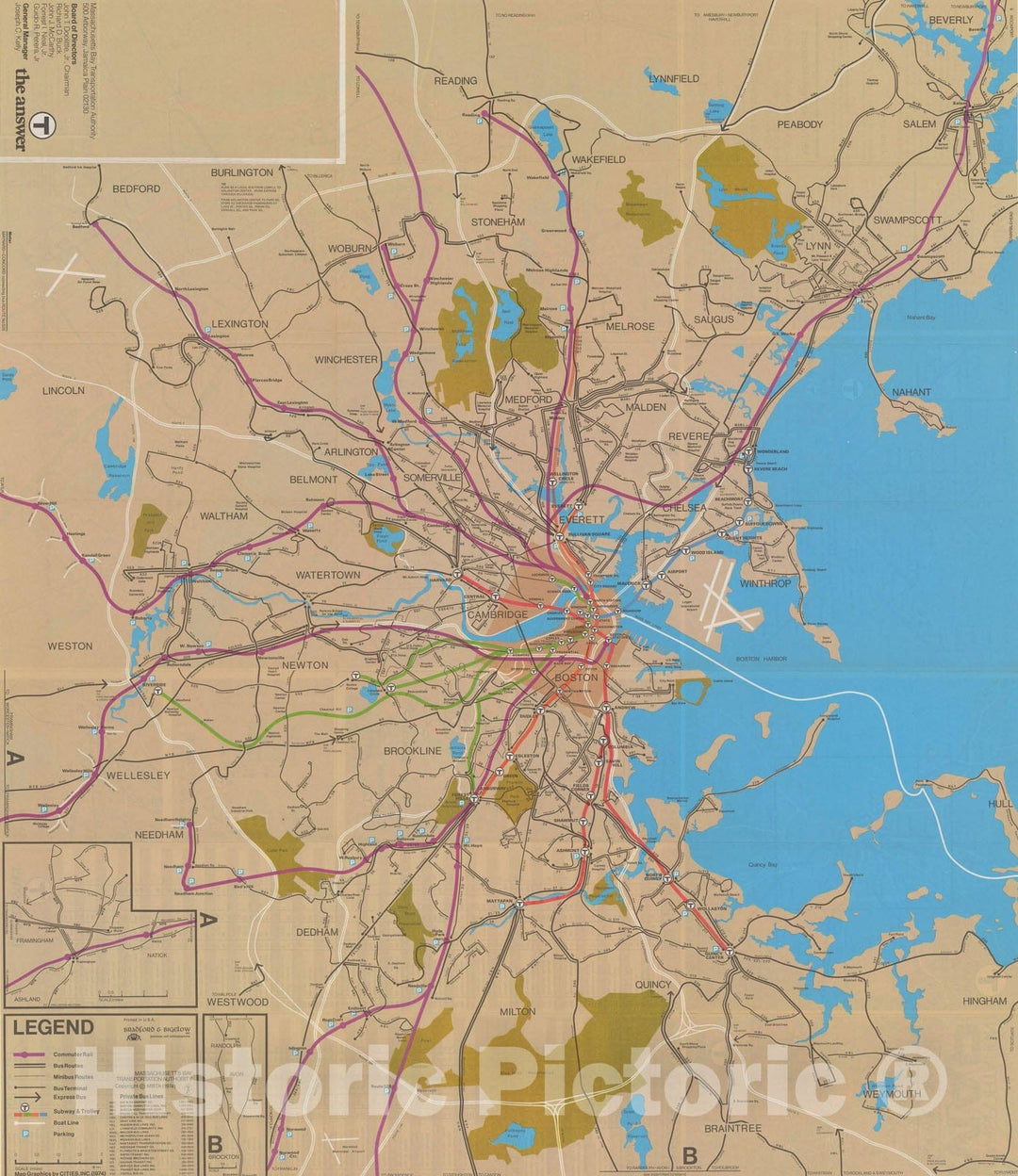 Historic Map : Greater Boston Transit Maps, MBTA System Route Map 1974 Railroad Catography , Vintage Wall Art