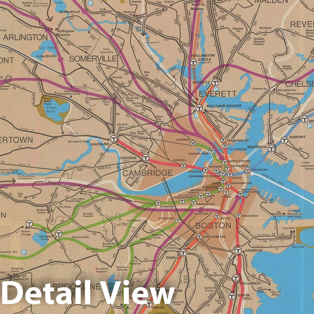 Historic Map : Greater Boston Transit Maps, MBTA System Route Map 1974 Railroad Catography , Vintage Wall Art