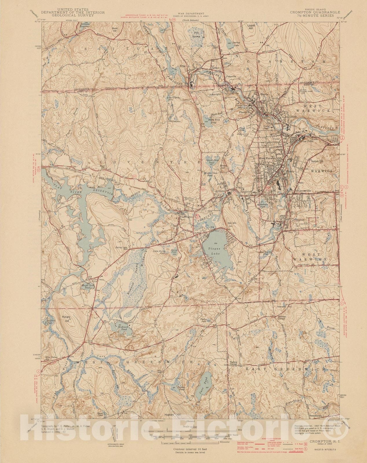 Historic Map : USGS 7.5 Minute Sheets and Quadrangles, Coventry & Warwick 1943 Topographic Map , Vintage Wall Art