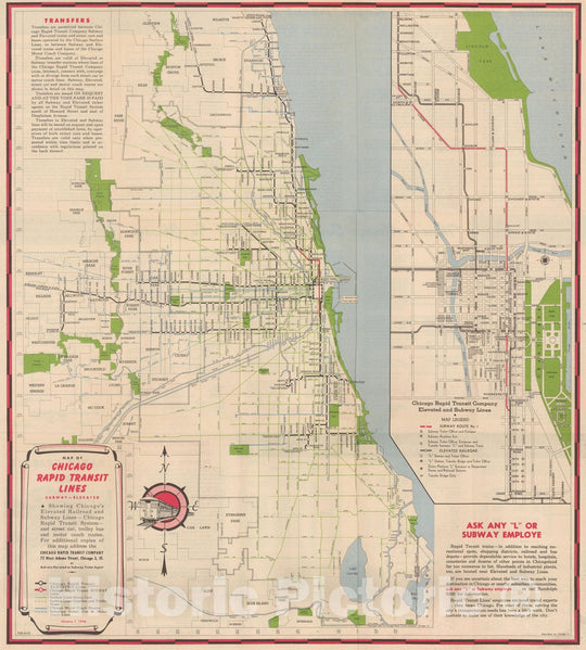 Historic Map : Chicago Transit Maps, Rapid Transit Lines 1946 Railroad Catography , Vintage Wall Art