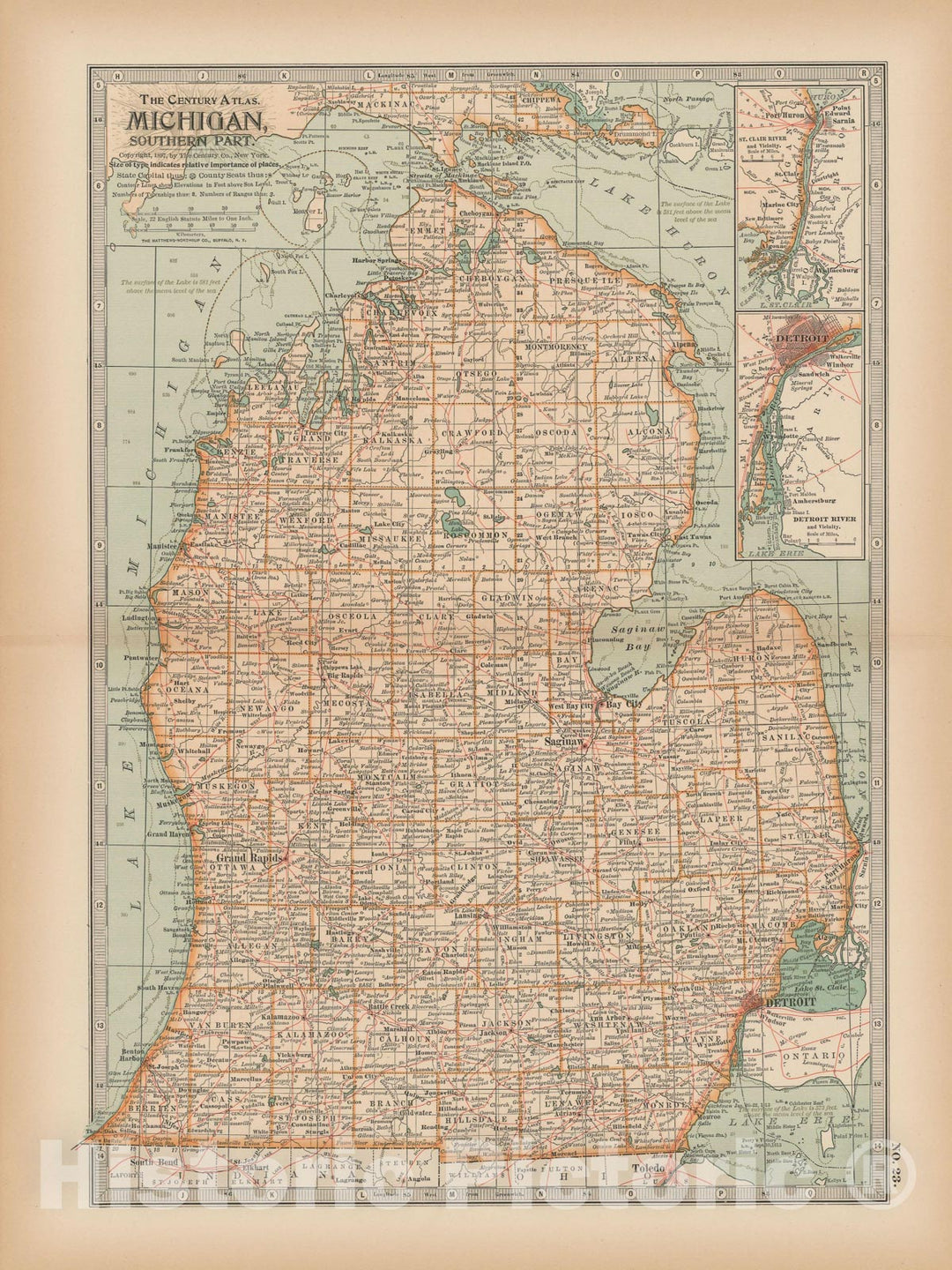 Historic Map : Michigan 1897 , The Century Atlas World , Vintage Wall Art