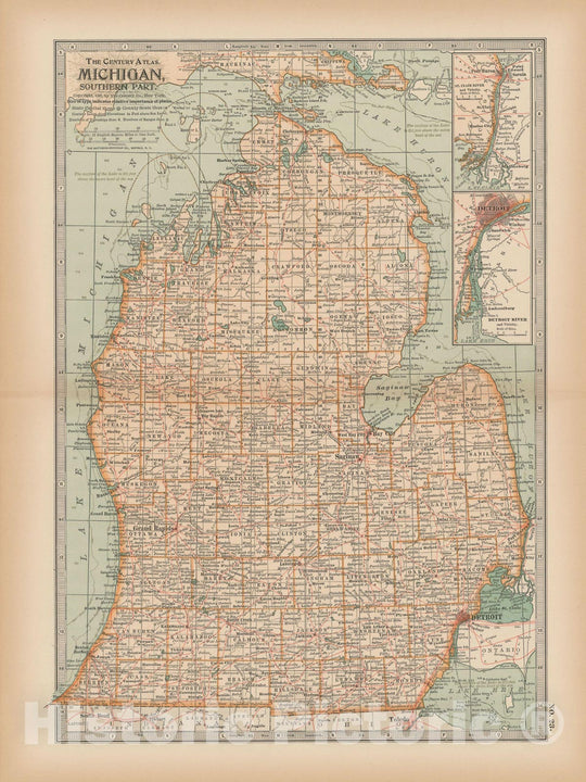 Historic Map : Michigan 1897 , The Century Atlas World , Vintage Wall Art