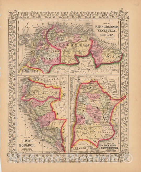 Historic Map : Peru & Argentina & Venezuela & Ecuador & Colombia 1867 , New General Atlas , Vintage Wall Art